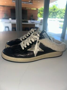Golden Goose Black Leather Slip-On Sneakers with Cream Shearling